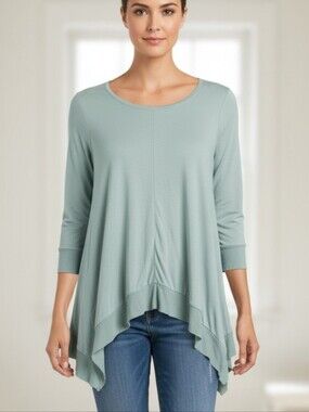 Umgee Blue Green Soft Teal Relaxed Fit Handkerchief Hem Tunic - 3/4 Sleeves - M